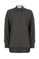 Blusa con collo polo in gabardina di viscosa stretch grigia con borchiette - Donna | Giemme BrandsCorporate