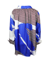 Over fit shirt with open neckline in pure silk with exclusive light blue and white print with brown stripes - Brown | Giemme BrandsCorporate