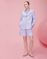 Regular-Fit Shorts aus reiner blauer Baumwolle mit weißen und rosa Streifen - Damenkollektion | Giemme BrandsCorporate