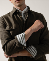 Camicia regular fit con collo francese a contrasto in puro cotone bianco a righe verdi - Verde | Giemme BrandsCorporate