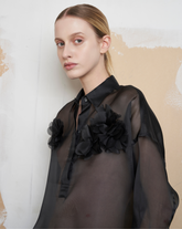 Black exclusive pure silk organza blouse with tone on tone flower application and polo collar - New In Le Sarte Pettegole | Giemme BrandsCorporate