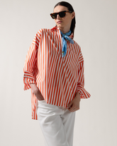Overfit shirt with polo neck made of white stretch cotton with orange stripes - Woman Shirts | Giemme BrandsCorporate