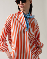 Overfit shirt with polo neck made of white stretch cotton with orange stripes - Woman Shirts | Giemme BrandsCorporate