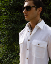 Overshirt regular fit con collo italiano in puro lino bianco - Bianco | Giemme BrandsCorporate