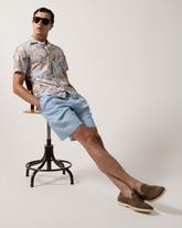 Regular fit short sleeve shirt with bowling collar in pure cotton with beige foliage print - Hazelnut | Giemme BrandsCorporate