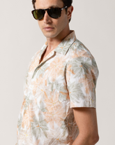 Camicia regular fit a mezza manica e collo bowling in puro cotone con stampa foliage arancione - Caliban | Giemme BrandsCorporate