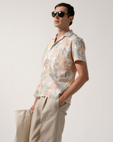 Camicia regular fit a mezza manica e collo bowling in puro cotone con stampa foliage arancione - Ocra | Giemme BrandsCorporate