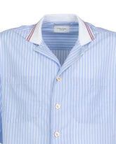 Camicia comfort fit a mezza manica con collo bowling in puro cotone azzurro a righe bianche - Azzurro | Giemme BrandsCorporate