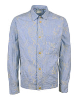 Regular fit over jacket with italian collar in light blue stretch cotton with white stripes and beige floral embroidery - New in Tintoria Mattei | Giemme BrandsCorporate