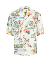 Camicia a mezza manica comfort fit con collo bowling in mussola di puro cotone con esclusiva stampa acquerello sui toni del verde - Tintoria Mattei | Giemme BrandsCorporate