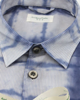 Overfit shirt with french collar in pure white cotton with light blue stripes and an exclusive blue check print - Light blue | Giemme BrandsCorporate