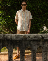 Regular fit short-sleeve shirt with bowling collar made of striped yellow cotton and silk - Yellow | Giemme BrandsCorporate