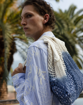 Regular fit over jacket with italian collar in light blue stretch cotton with white stripes and beige floral embroidery - New in Tintoria Mattei | Giemme BrandsCorporate