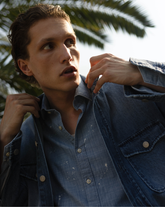 Regular fit french collar shirt in pure cotton denim with micro distressing - Denim | Giemme BrandsCorporate
