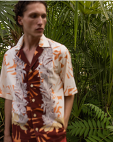 Comfort fit short-sleeve shirt with bowling collar in pure cotton with an exclusive foliage print in orange tones - Orange | Giemme BrandsCorporate