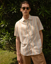 Regular fit short-sleeve shirt with bowling collar made of striped yellow cotton and silk - Tintoria Mattei | Giemme BrandsCorporate