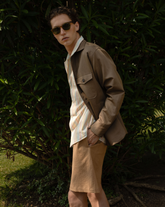 Over jacket con collo italiano in lino misto cotone marrone - Marrone | Giemme BrandsCorporate