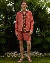 Comfort fit short-sleeve shirt with bowling collar in pure cotton with an exclusive foliage print in orange tones - Orange | Giemme BrandsCorporate