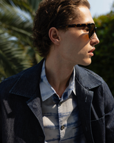 Overfit shirt with french collar in pure white cotton with light blue stripes and an exclusive blue check print - Light blue | Giemme BrandsCorporate