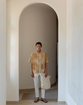 Overfit short-sleeve shirt with italian collar in pure beige linen with an exclusive bandana print - Tintoria Mattei | Giemme BrandsCorporate